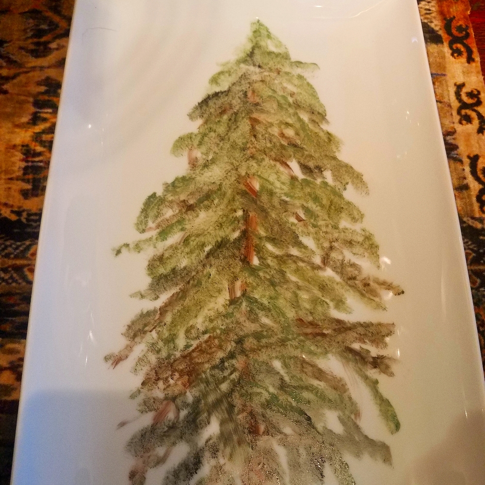 Holiday Fraser Fir, painted platter, France Signed